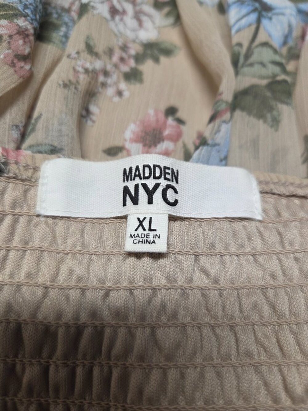 Madden NYC XL Beige Floral Smocked Mini Dress Peasant Boho Fairy Tiered Forest - Picture 7 of 9